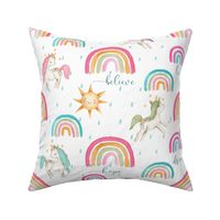 16" Watercolor Rainbows and Unicorns (pink gold green teal) with Hope Dream Believe Dream words. 16” repeat