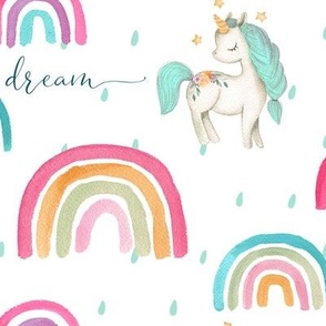 16" Watercolor Rainbows and Unicorns (pink gold green teal) with Hope Dream Believe Dream words. 16” repeat