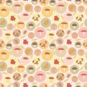 Mushrooms, leaves and strawberries circles pattern