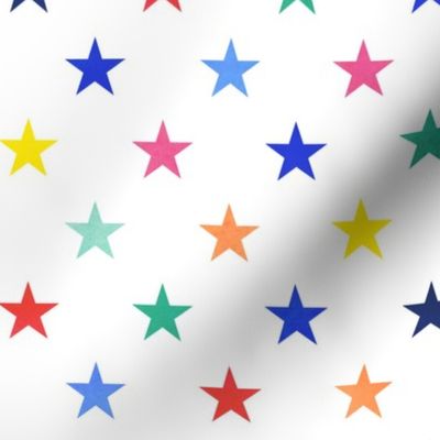 Multicolored Stars Medium-White Background- Intergalactic Adventure- Night Sky- Space Travel- Geometric- Polka Dots