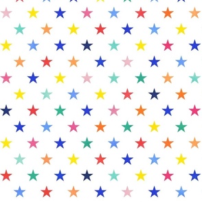 Multicolored Stars Medium-White Background- Intergalactic Adventure- Night Sky- Space Travel- Geometric- Polka Dots
