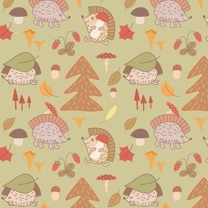 Seamless pattern with hedgehogs in the forest
