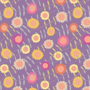 Floral pattern with colourful flowers on purple background