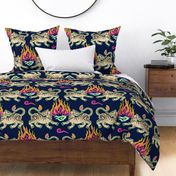 Bright flaming spring tiger rows - asian beasts on midnight blue - large