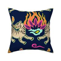 Bright flaming spring tiger rows - asian beasts on midnight blue - large