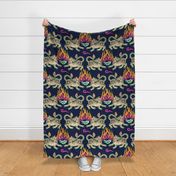 Bright flaming spring tiger rows - asian beasts on midnight blue - large