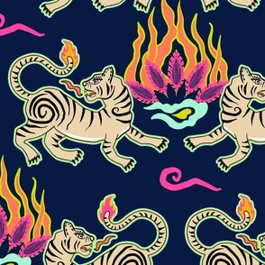 Bright flaming spring tiger rows - asian beasts on midnight blue - large