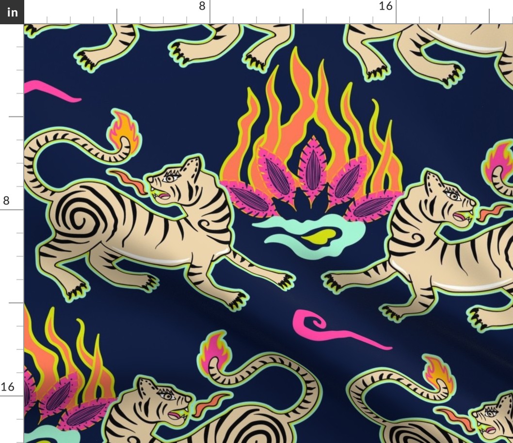 Bright flaming spring tiger rows - asian beasts on midnight blue - large