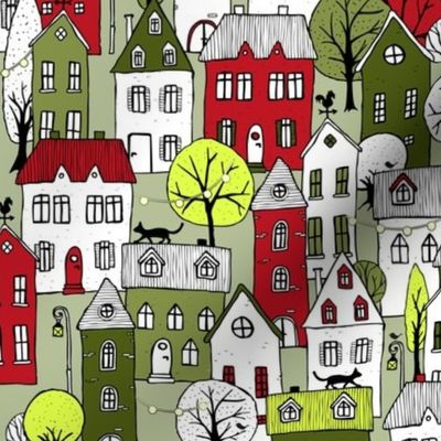 handdrawn houses green-red