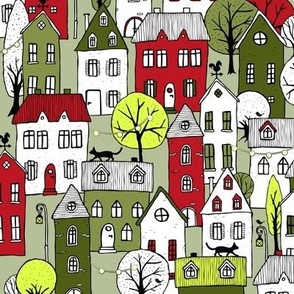 handdrawn houses green-red