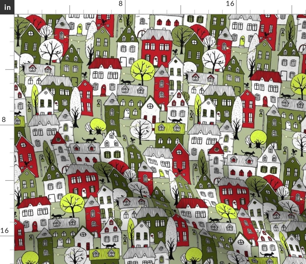 handdrawn houses green-red