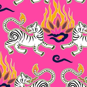 Bright flaming spring tiger rows - asian beasts on hot pink - large