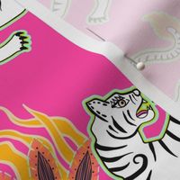 Bright flaming spring tiger rows - asian beasts on hot pink - medium