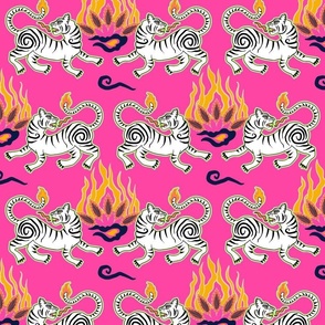 Bright flaming spring tiger rows - asian beasts on hot pink - medium