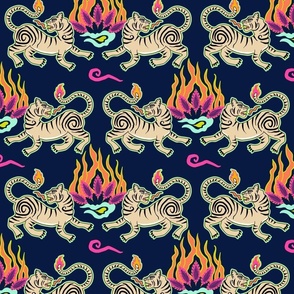 Bright flaming spring tiger rows - asian beasts on midnight blue - medium