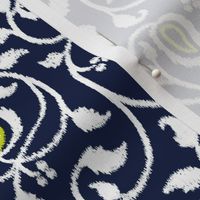 Spring paisley Ikat vines - white and chartreuse on midnight blue - Ethnic Floral - medium