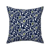 Spring paisley Ikat vines - white and chartreuse on midnight blue - Ethnic Floral - medium