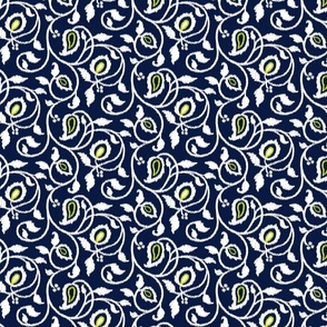 Spring paisley Ikat vines - white and chartreuse on midnight blue - Ethnic Floral - medium