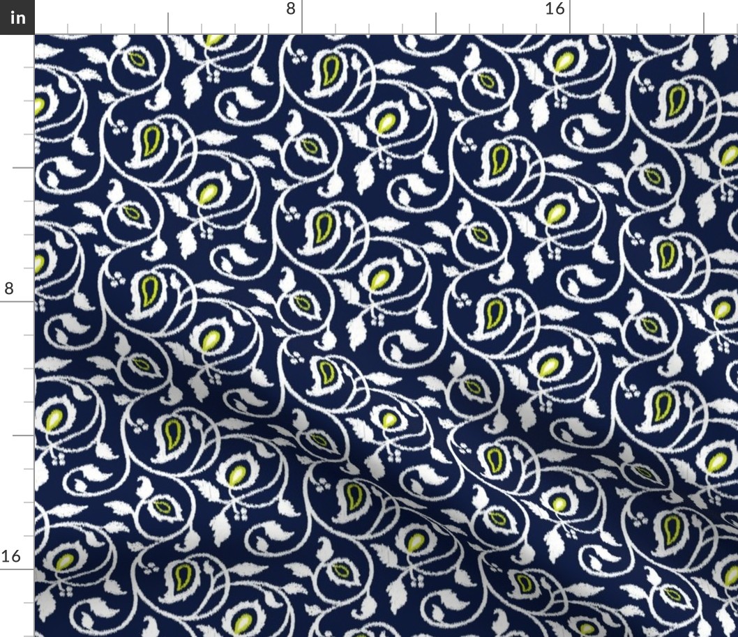 Spring paisley Ikat vines - white and chartreuse on midnight blue - Ethnic Floral - medium