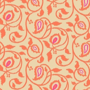 Spring paisley Ikat vines - papaya and hot pink on sand - Ethnic Floral - large