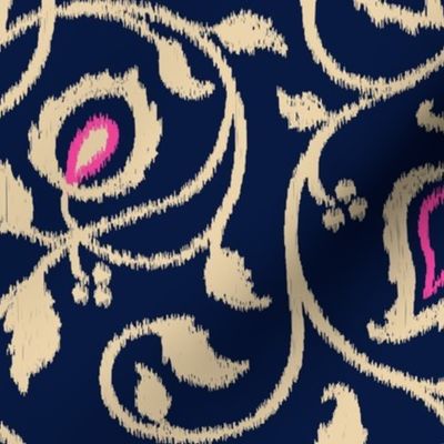 Spring paisley Ikat vines - sand and hot pink on midnight blue - Ethnic Floral - large