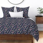 Spring paisley Ikat vines - sand and hot pink on midnight blue - Ethnic Floral - large