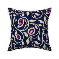 Spring paisley Ikat vines - sand and hot pink on midnight blue - Ethnic Floral - large