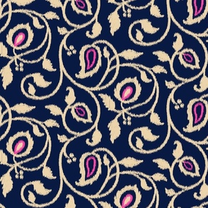 Spring paisley Ikat vines - sand and hot pink on midnight blue - Ethnic Floral - large