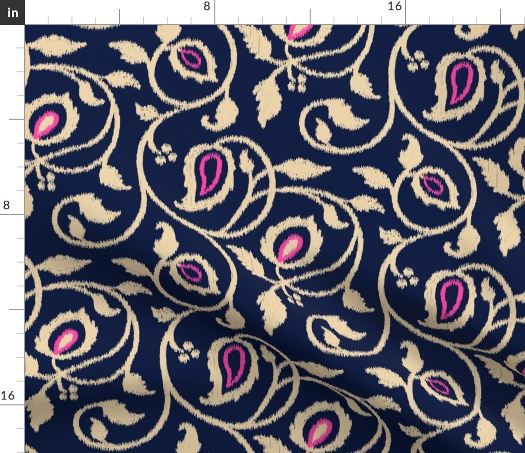 Spring paisley Ikat vines - sand and hot pink on midnight blue - Ethnic Floral - large