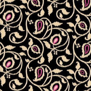 Spring paisley Ikat vines - sand and hot pink on black - large