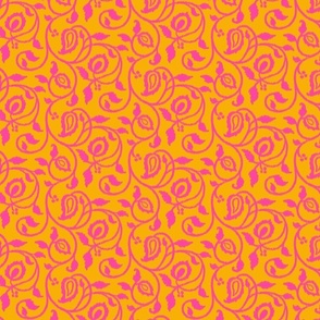 Spring paisley Ikat vines - Hot Pink on Marigold orange-yellow - ethnic floral - medium