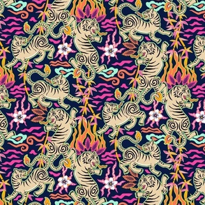 Bright flaming spring Tigers - Asian Beasts on midnight blue - medium