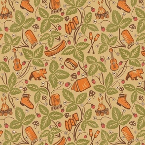 Summer Camping - large - moss green, orange, and brown on khaki