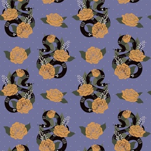 Seamless pattern with hand-drawn snakes and roses. 