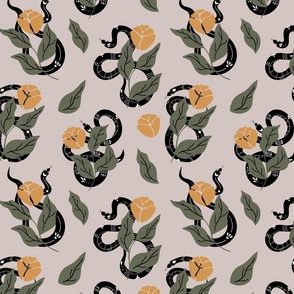 Seamless pattern with hand-drawn snakes and flowers.  