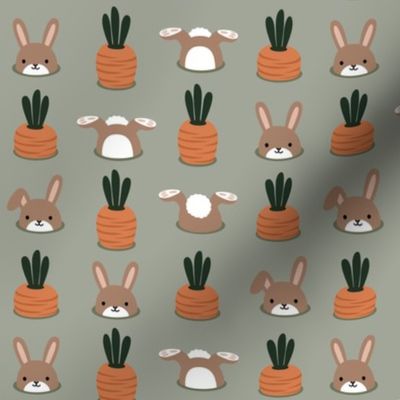 bunnies in the garden - golden brown / muted sage - Easter - LAD22