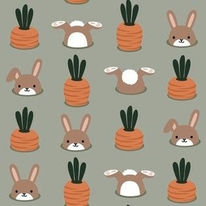 bunnies in the garden - golden brown / muted sage - Easter - LAD22