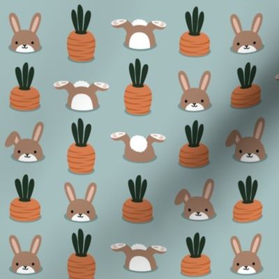 bunnies in the garden - golden brown / dusty blue - Spring Easter - LAD22