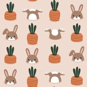 bunnies in the garden - golden brown /pink - Spring Easter - LAD22