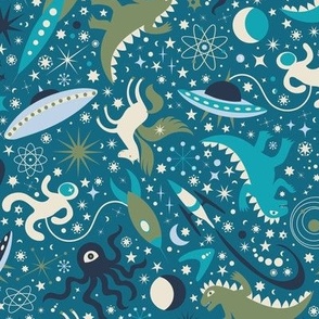 Space Adventure with Monsters - Turquoise on Teal