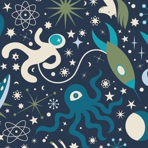 Space Adventure with Monsters - Turquoise on Navy