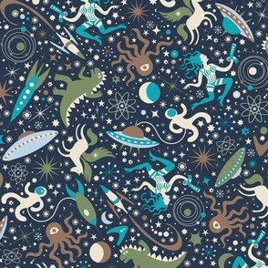 Midcentury Space Adventures Ditsy -  Turquoise and brown on navy