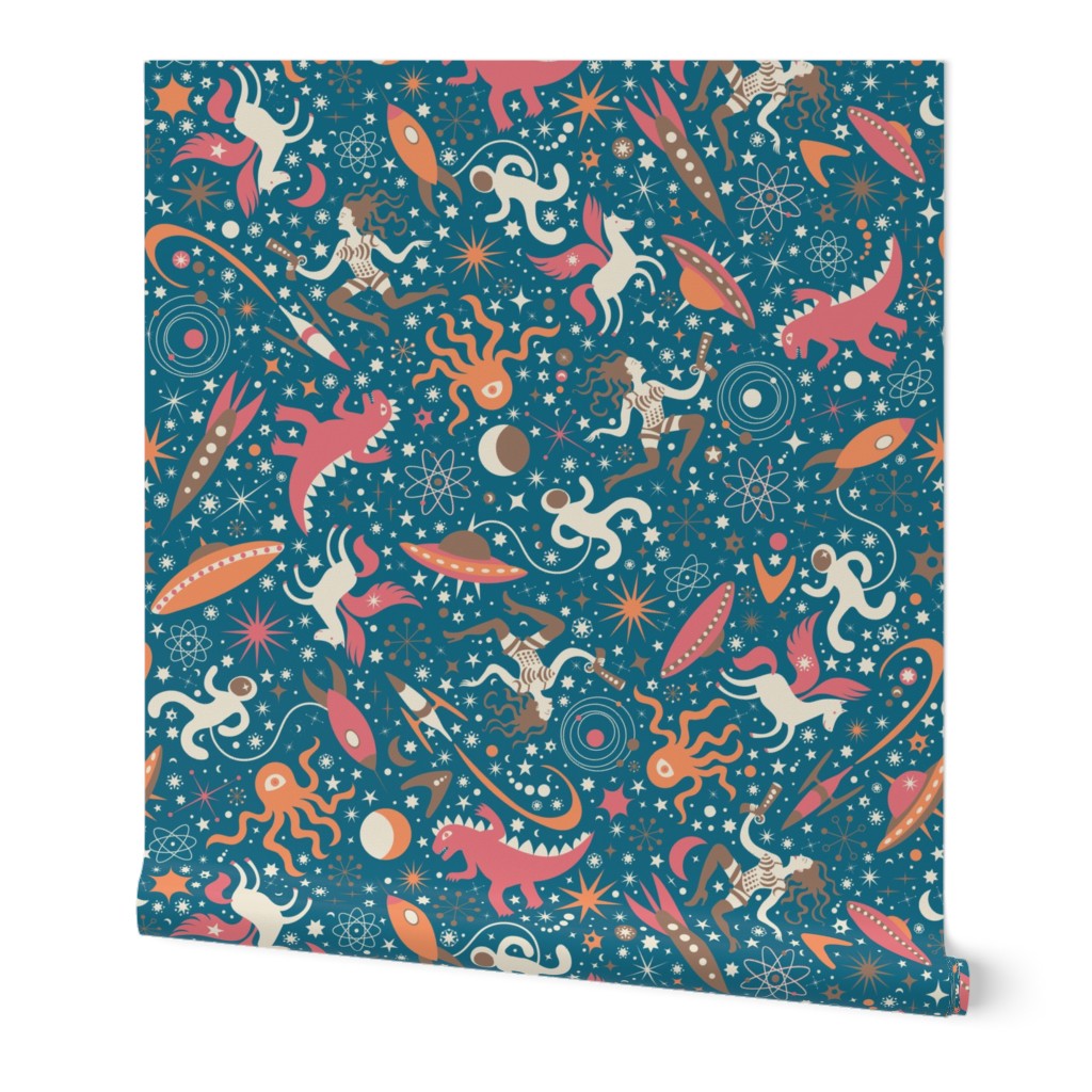 Midcentury Space Adventures Ditsy -  pink, peach and brown on teal