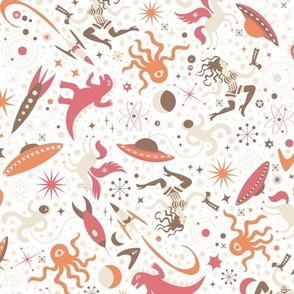 Midcentury Space Adventures Ditsy -  Pink, peach and mocha on white.