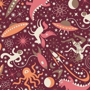 Midcentury Space Adventures Ditsy -  Pink and peach on wine