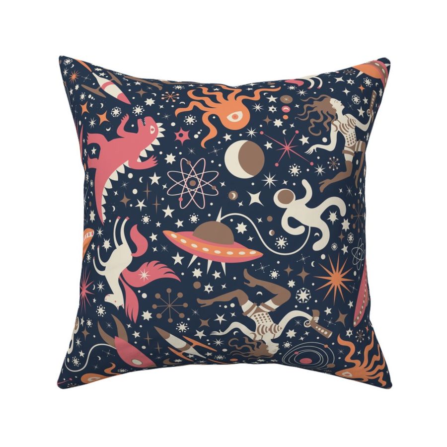 Midcentury Space Adventures Ditsy -  Peach, pink and brown on navy