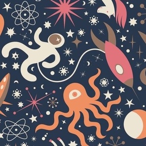 Midcentury Space Adventures Ditsy -  Peach, pink and brown on navy