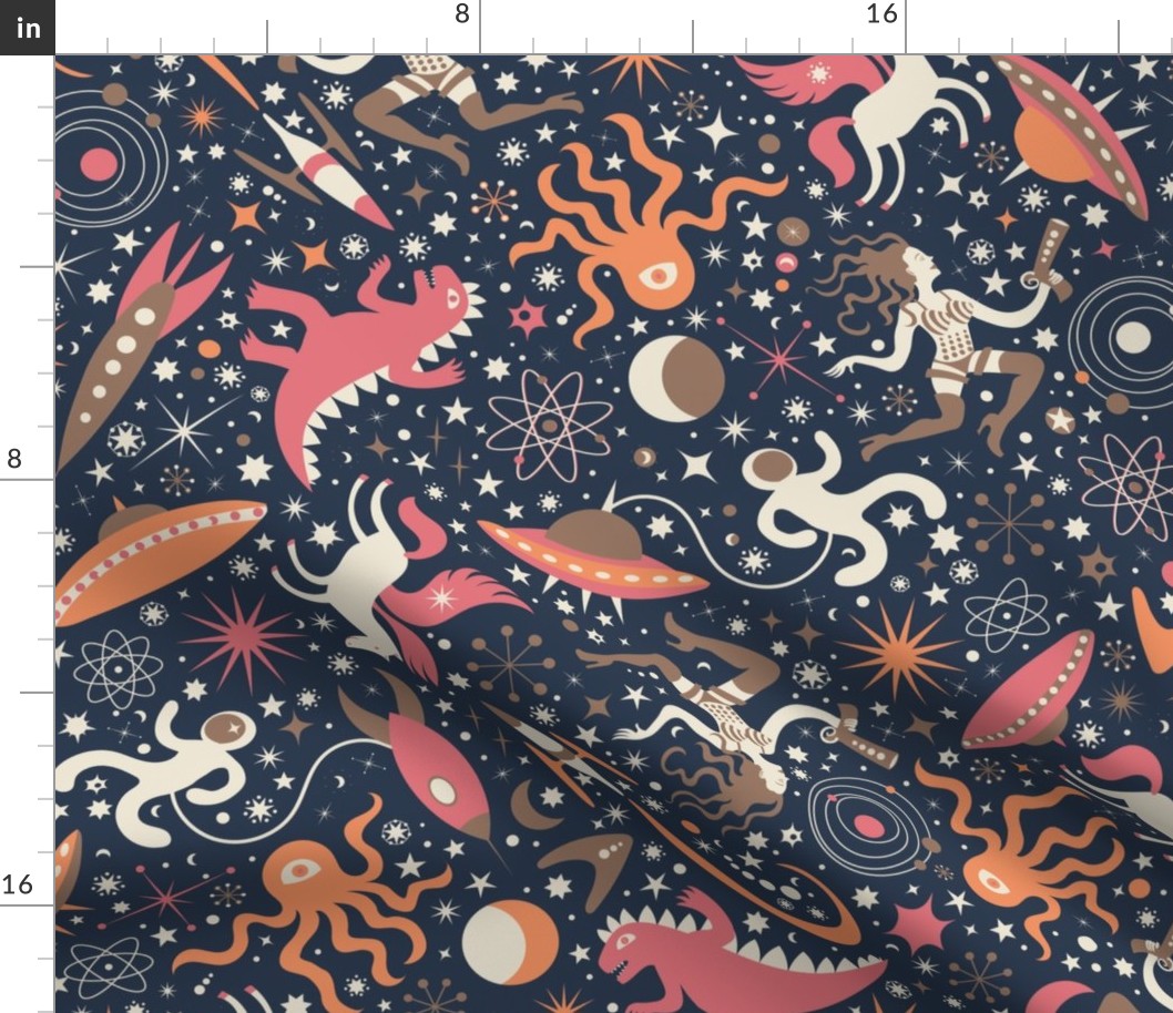 Midcentury Space Adventures Ditsy -  Peach, pink and brown on navy