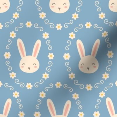 Bunnies in Flower Frame on Blue (Large Scale)