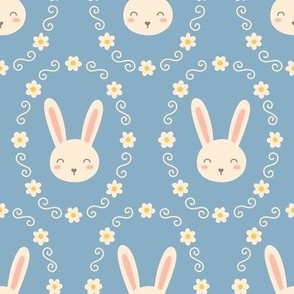 Bunnies in Flower Frame on Blue (Large Scale)